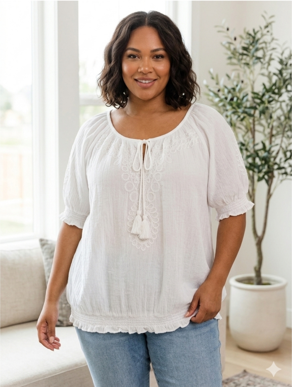 Cynthia Rowley Plus Size White Peasant Tassel Tie Top